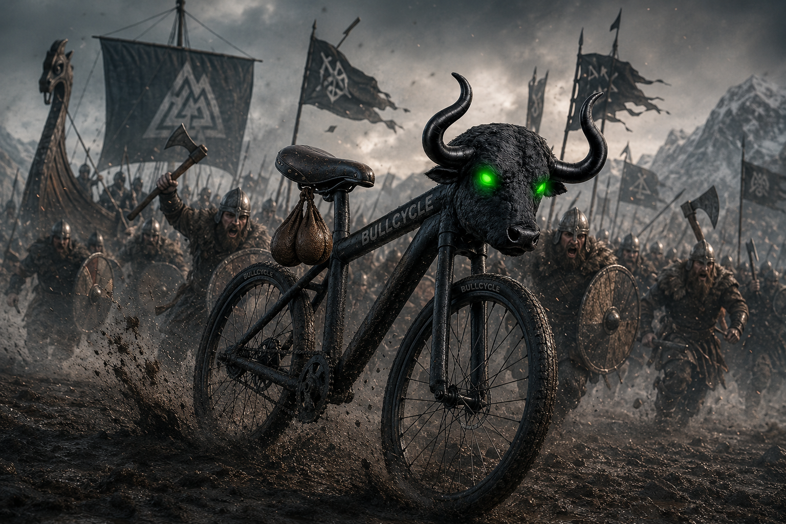 The green-eyed BULLCYCLE bike charging through mud ahead of a viking army