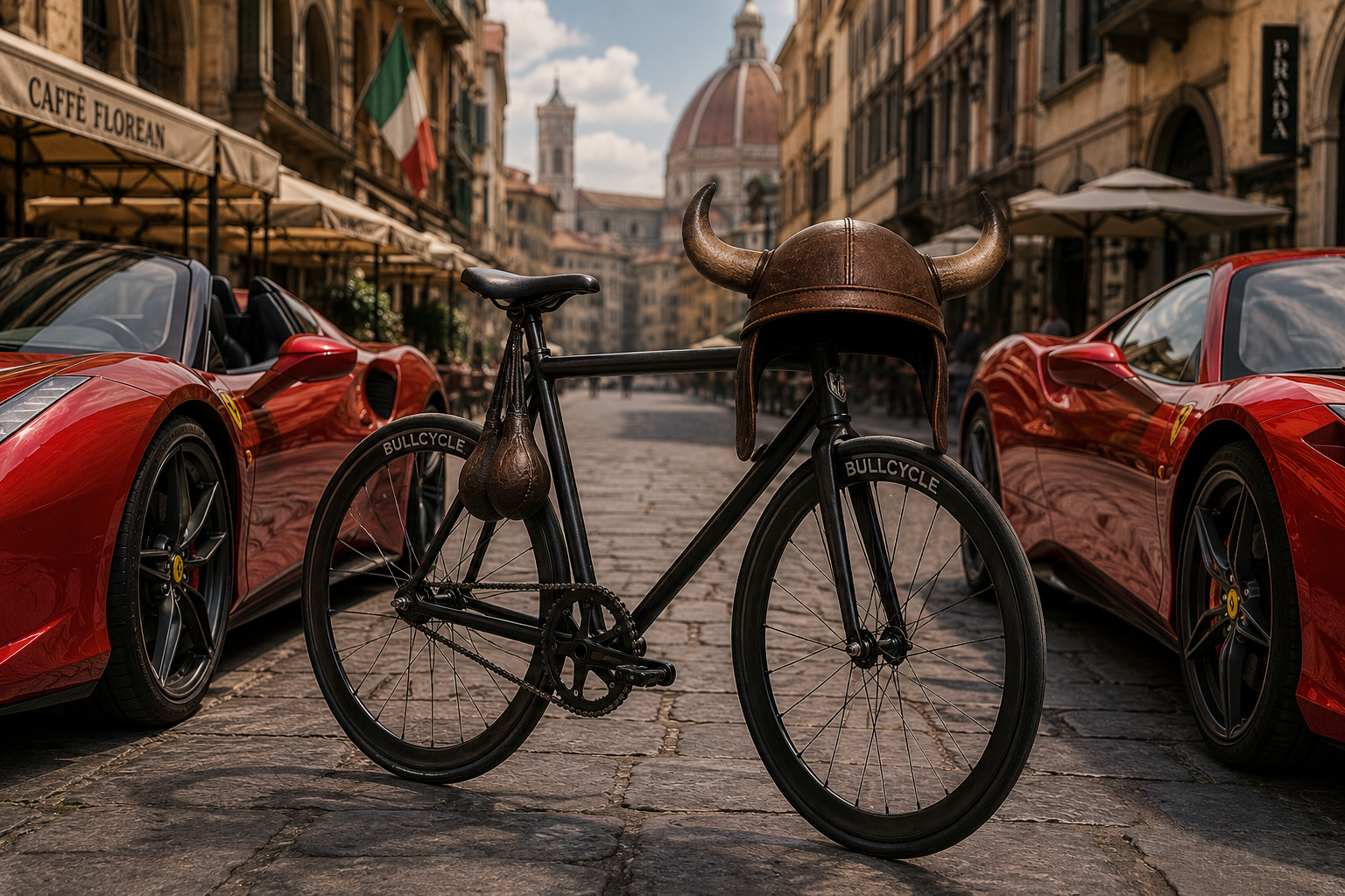 The BULLCYCLE bike parked between two red supercars on a cobblestone street in Florence