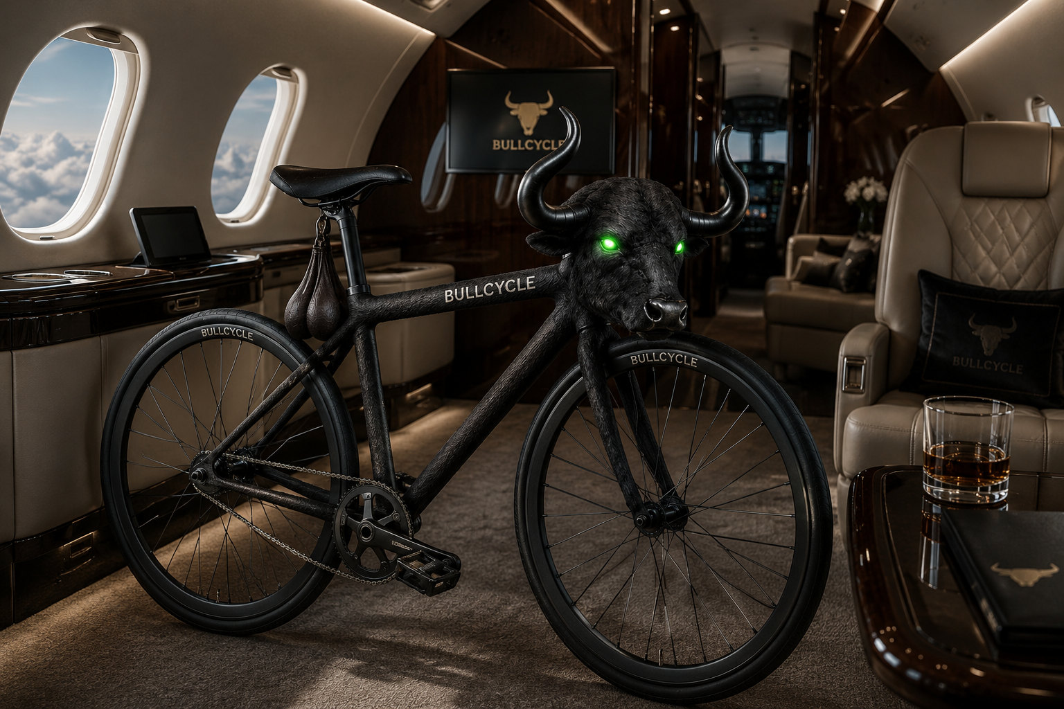 The BULLCYCLE bike with glowing green eyes inside a private jet cabin