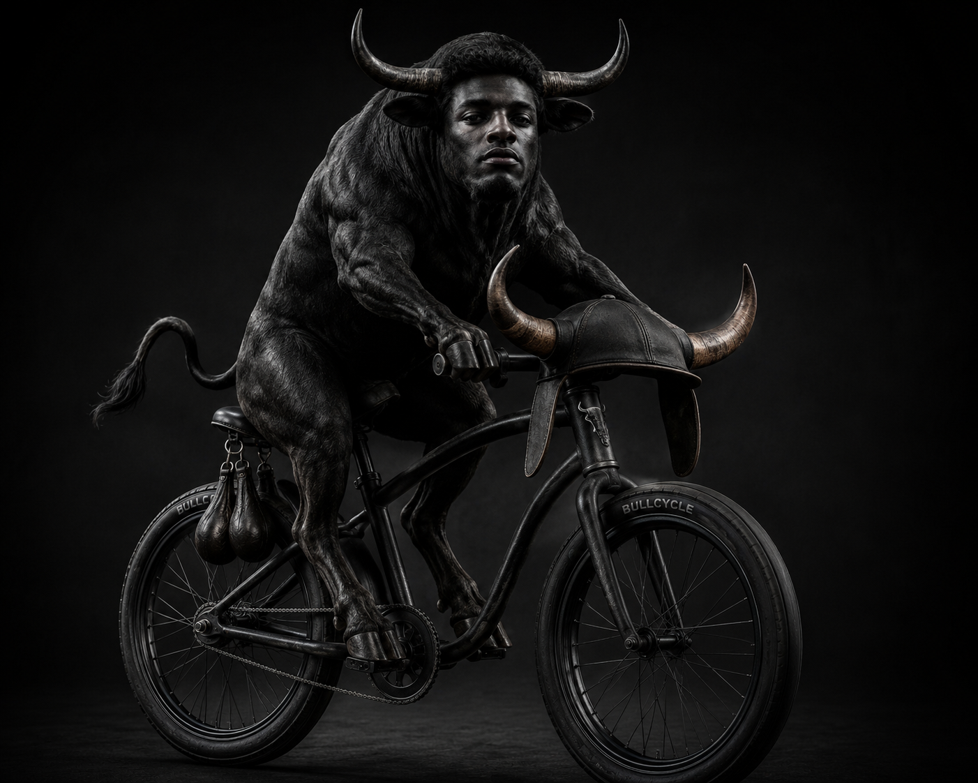 A minotaur riding the BULLCYCLE bicycle in the dark