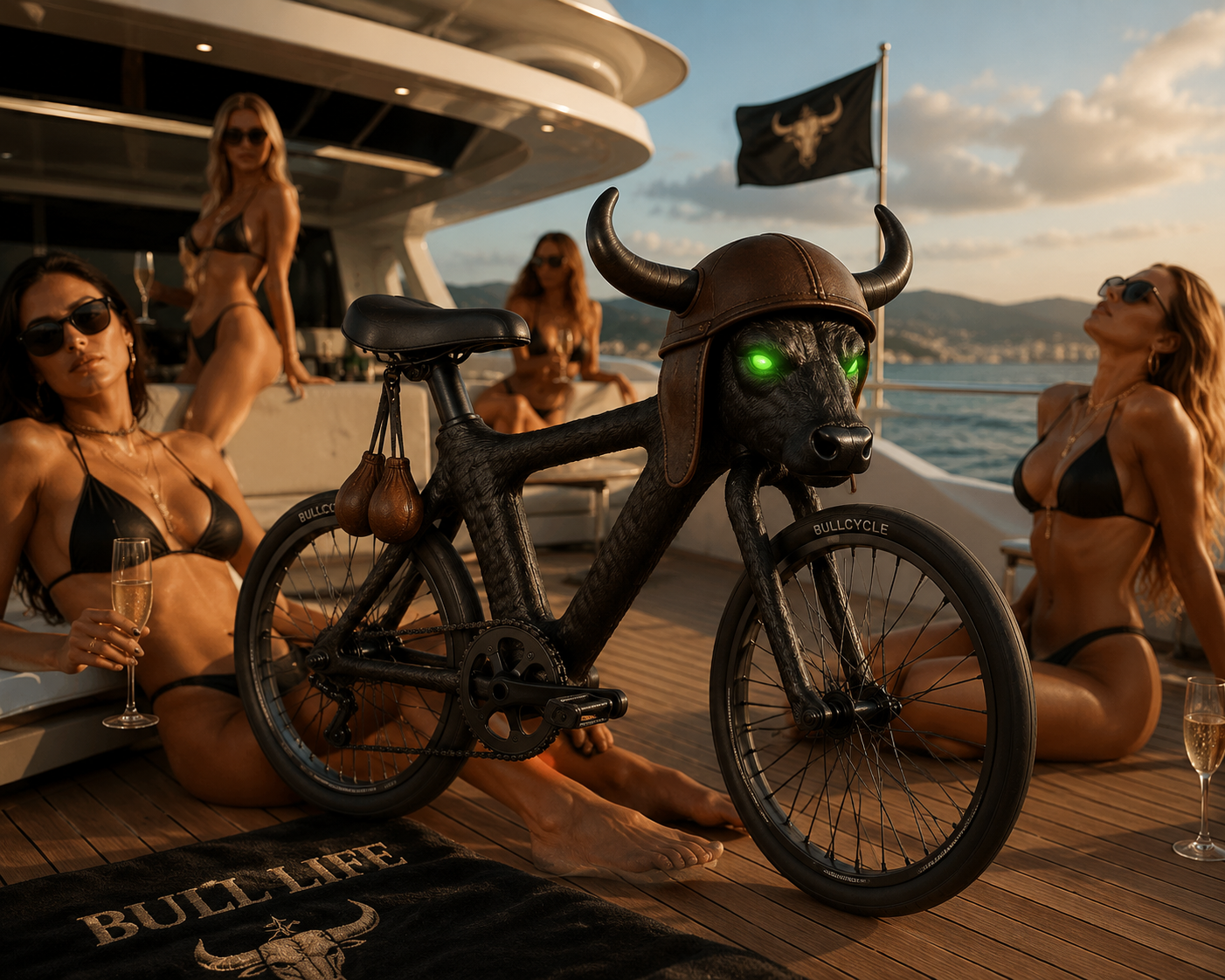 The bull-headed BULLCYCLE bike on the deck of a luxury yacht at sunset